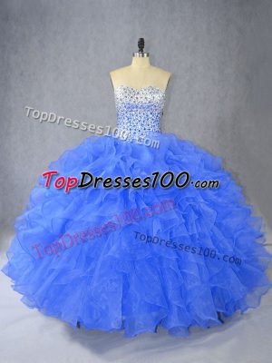 Blue Sleeveless Organza Lace Up 15th Birthday Dress for Sweet 16 and Quinceanera