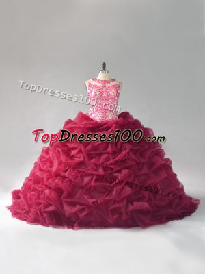 Beading and Pick Ups Quinceanera Dresses Burgundy Lace Up Sleeveless Court Train