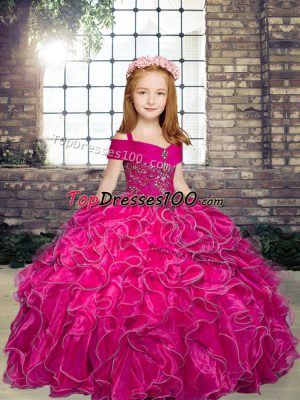 Low Price Ball Gowns Pageant Dress Fuchsia Straps Organza Sleeveless Floor Length Lace Up