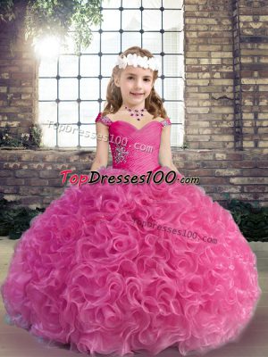 Fuchsia Straps Neckline Beading and Ruching Little Girl Pageant Gowns Sleeveless Lace Up