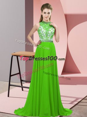 Eye-catching Chiffon Backless Halter Top Sleeveless Prom Evening Gown Brush Train Beading