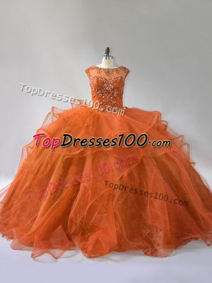 Admirable Rust Red Ball Gown Prom Dress Organza Brush Train Sleeveless Ruffles