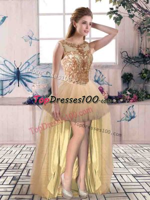 Excellent High Low Gold Prom Party Dress Scoop Sleeveless Lace Up