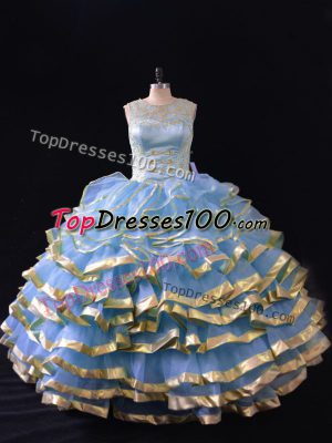 Blue Ball Gowns Scoop Sleeveless Organza Floor Length Lace Up Ruffled Layers 15 Quinceanera Dress