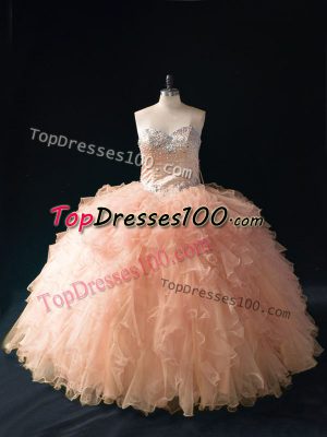 Peach Sweetheart Neckline Beading and Ruffles Quince Ball Gowns Sleeveless Lace Up