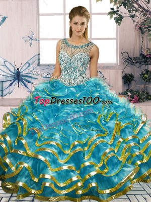 Flirting Blue Scoop Lace Up Beading and Ruffles Quinceanera Gown Sleeveless