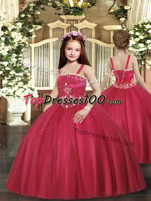 New Style Ball Gowns Kids Formal Wear Red Straps Tulle Sleeveless Floor Length Lace Up