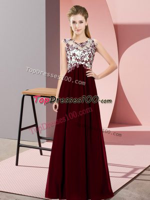 Delicate Burgundy Empire Beading and Appliques Dama Dress Zipper Chiffon Sleeveless Floor Length