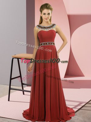 Scoop Sleeveless Formal Evening Gowns Brush Train Beading Rust Red Chiffon