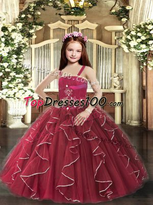 Admirable Floor Length Burgundy Kids Formal Wear Tulle Sleeveless Beading and Ruffles