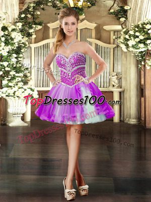 Purple Sleeveless Mini Length Beading Lace Up Cocktail Dress