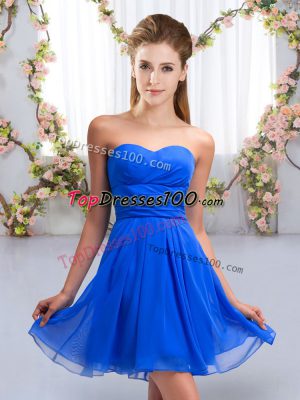 Traditional Sweetheart Sleeveless Vestidos de Damas Mini Length Ruching Royal Blue Chiffon