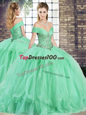 Hot Selling Apple Green Off The Shoulder Lace Up Beading and Ruffles 15th Birthday Dress Sleeveless