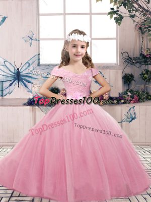 Pink Child Pageant Dress Party and Wedding Party with Lace and Bowknot Off The Shoulder Sleeveless Lace Up