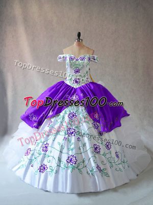 Suitable White And Purple Organza Lace Up Off The Shoulder Sleeveless Floor Length Quinceanera Dress Embroidery and Ruffles