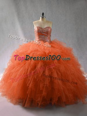 Eye-catching Sweetheart Sleeveless Ball Gown Prom Dress Floor Length Beading and Ruffles Orange Red Tulle