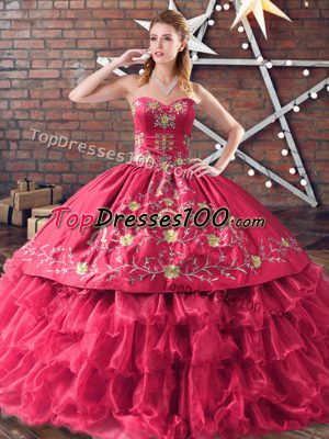 Red Sweetheart Lace Up Embroidery and Ruffled Layers Ball Gown Prom Dress Sleeveless