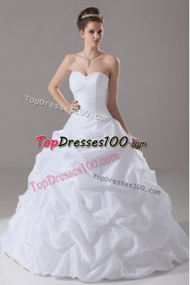Deluxe White Sweetheart Lace Up Pick Ups Wedding Gown Brush Train Sleeveless