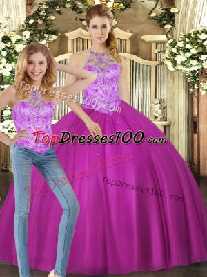 Superior Beading Quinceanera Gown Fuchsia Lace Up Sleeveless Floor Length