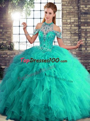 Attractive Floor Length Turquoise 15th Birthday Dress Tulle Sleeveless Beading and Ruffles