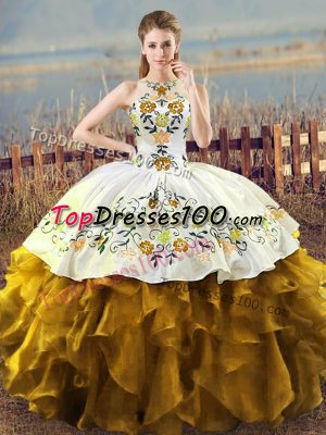 Admirable Floor Length Lace Up Quince Ball Gowns Brown for Sweet 16 and Quinceanera with Embroidery and Ruffles