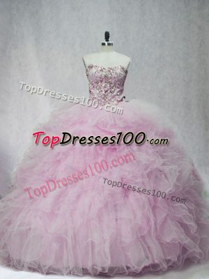 Sweetheart Sleeveless Quinceanera Dress Brush Train Beading and Ruffles Lilac Tulle
