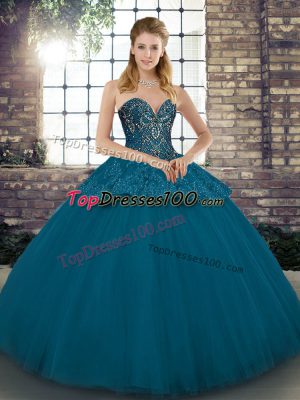 Blue Tulle Lace Up Sweetheart Sleeveless Floor Length Quinceanera Dress Beading and Appliques