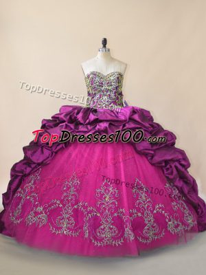 Purple Taffeta and Tulle Lace Up Sweetheart Sleeveless Quinceanera Dresses Brush Train Beading and Pick Ups