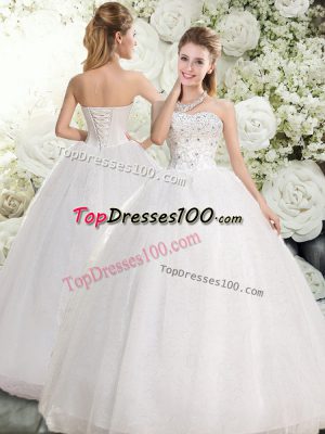 Chic Floor Length White Wedding Dresses Sweetheart Sleeveless Lace Up