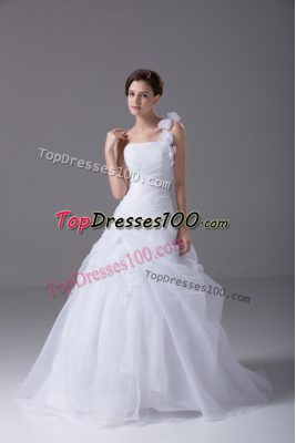 Glamorous One Shoulder Sleeveless Wedding Gowns Brush Train Hand Made Flower White Organza