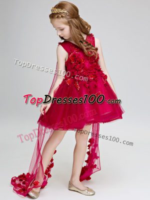 Wine Red Lace Up V-neck Hand Made Flower Flower Girl Dresses Tulle Sleeveless Watteau Train
