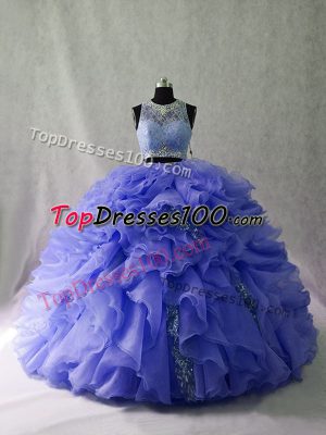 Custom Designed Sleeveless Ruffles and Sequins Zipper Quinceanera Gown with Lavender Brush Train