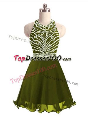 Olive Green A-line Chiffon Halter Top Sleeveless Beading Mini Length Lace Up Homecoming Dress