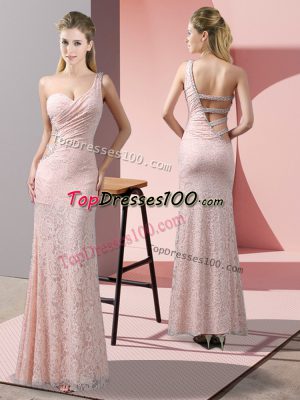 Baby Pink Lace Criss Cross Homecoming Dress Sleeveless Floor Length Beading and Lace
