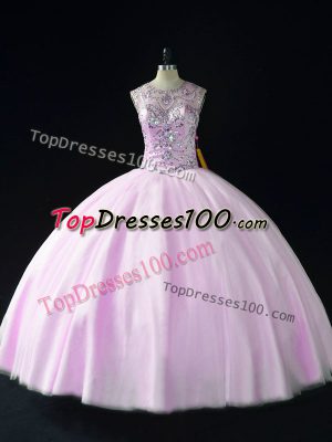 Excellent Lilac Scoop Lace Up Beading Sweet 16 Dress Sleeveless