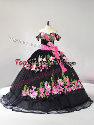 Off The Shoulder Sleeveless Quince Ball Gowns Brush Train Embroidery Black Tulle