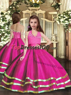 Beautiful Fuchsia Lace Up Halter Top Ruffled Layers Glitz Pageant Dress Organza Sleeveless