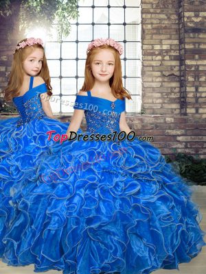 Floor Length Ball Gowns Sleeveless Blue Winning Pageant Gowns Lace Up