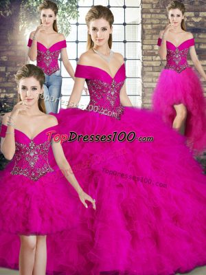 Dazzling Fuchsia Lace Up Sweet 16 Dresses Beading and Ruffles Sleeveless Floor Length