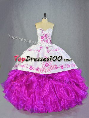 Graceful Sleeveless Organza Brush Train Lace Up Sweet 16 Dresses in Fuchsia with Beading and Embroidery and Ruffles