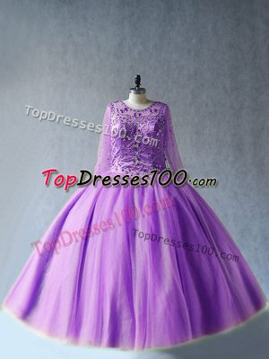 Modern Lavender Lace Up Scoop Beading Ball Gown Prom Dress Tulle Long Sleeves