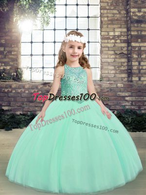 Excellent Floor Length Lace Up Pageant Dress for Teens Apple Green for Party and Wedding Party with Beading