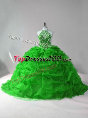Green Organza Lace Up Quinceanera Gowns Sleeveless Court Train Beading and Pick Ups