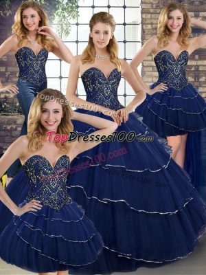 Beauteous Navy Blue Sweetheart Lace Up Beading and Ruffled Layers 15 Quinceanera Dress Brush Train Sleeveless