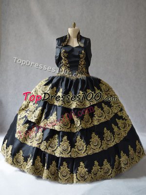 Dazzling Black Satin Lace Up Sweetheart Sleeveless Floor Length Quince Ball Gowns Embroidery