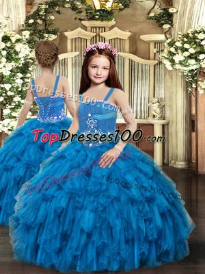 Fancy Blue Ball Gowns Beading Pageant Dresses Lace Up Tulle Sleeveless Floor Length