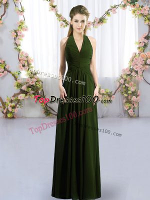 Olive Green Sleeveless Ruching Floor Length Damas Dress