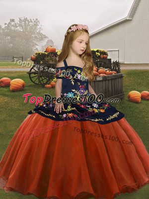 Cheap Rust Red Lace Up Straps Embroidery Little Girls Pageant Dress Organza Sleeveless