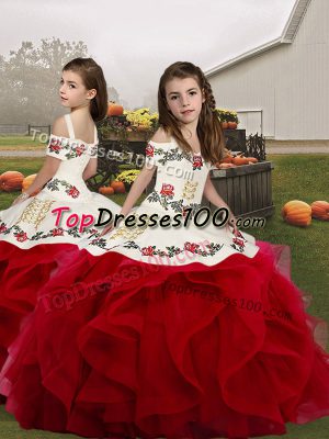 Sleeveless Floor Length Embroidery and Ruffles Lace Up Little Girls Pageant Dress Wholesale with Red