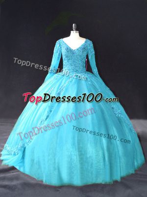 Glittering Tulle Long Sleeves Floor Length Ball Gown Prom Dress and Lace and Appliques